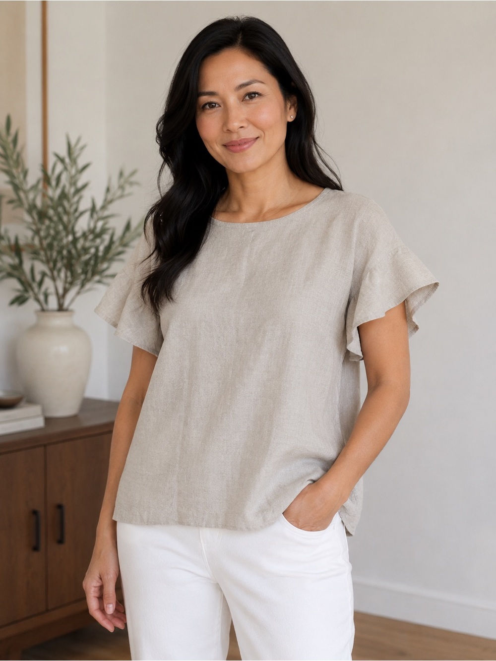 Rafaella Linen-Blend Flutter Sleeve Top in Light Beige